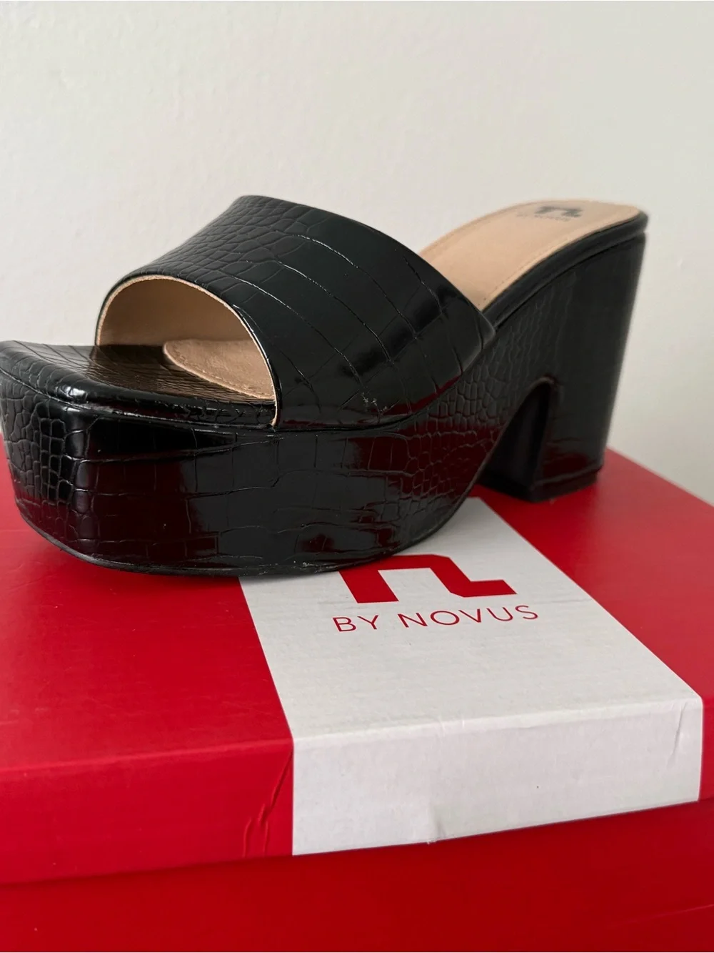 Black Croc-Embossed Slide Sandal